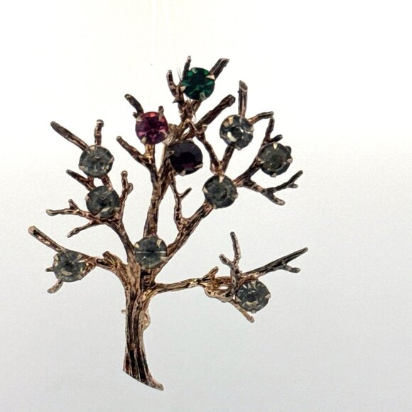 Estate Sterling Silver Tree Brooch Pin w/ Multi-Color Crystal Stones 8.2g 50mm - Picture 1 of 8